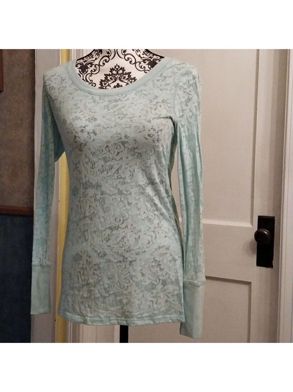 Maurice Lightweight Pattern Sheer Mint Green  Long Sleeve Top Size S